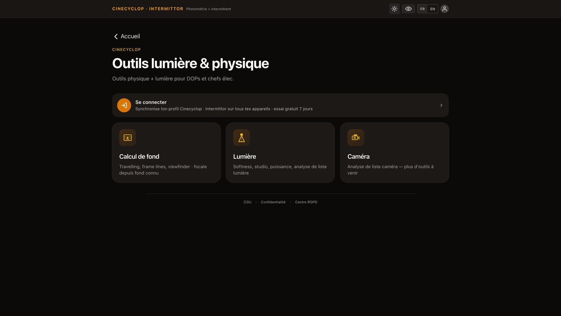 Cinecyclop — hub des outils : Calcul de fond, Analyse de listes, Puissance électrique