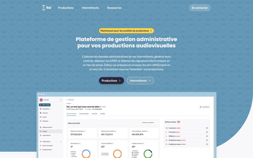 Capture itsi-app.com : plateforme de gestion administrative pour productions audiovisuelles