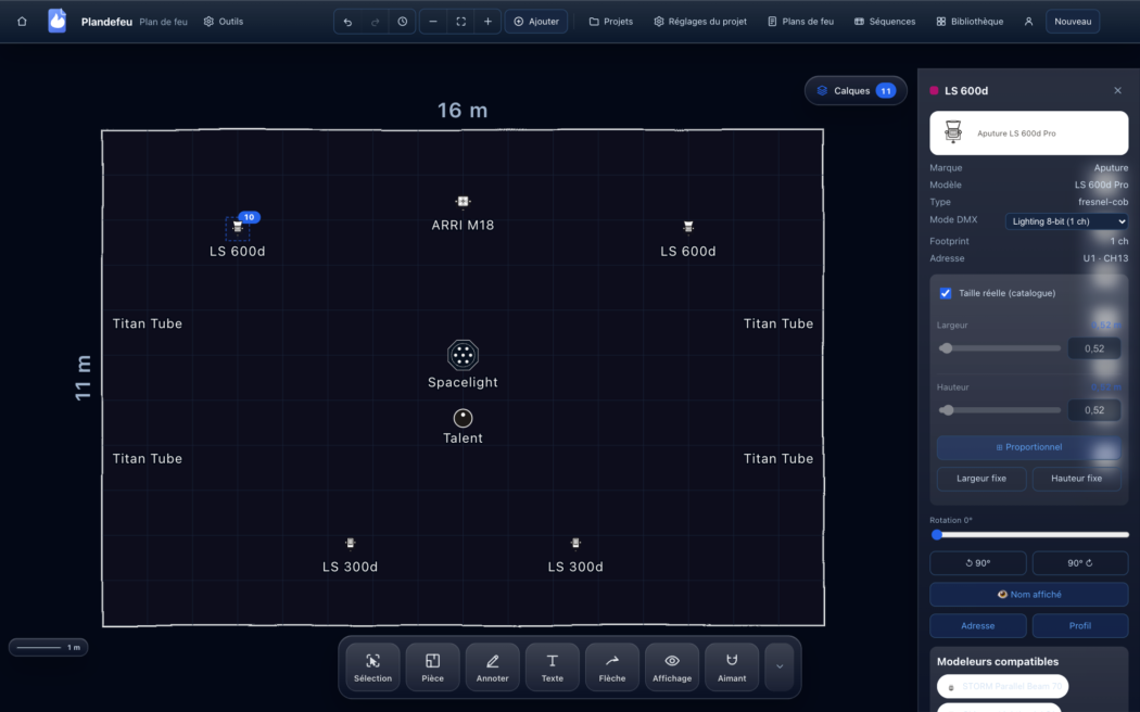 Plandefeu — panel for an Aputure LS 600d fixture: brand, model, DMX mode, footprint and universe channel address