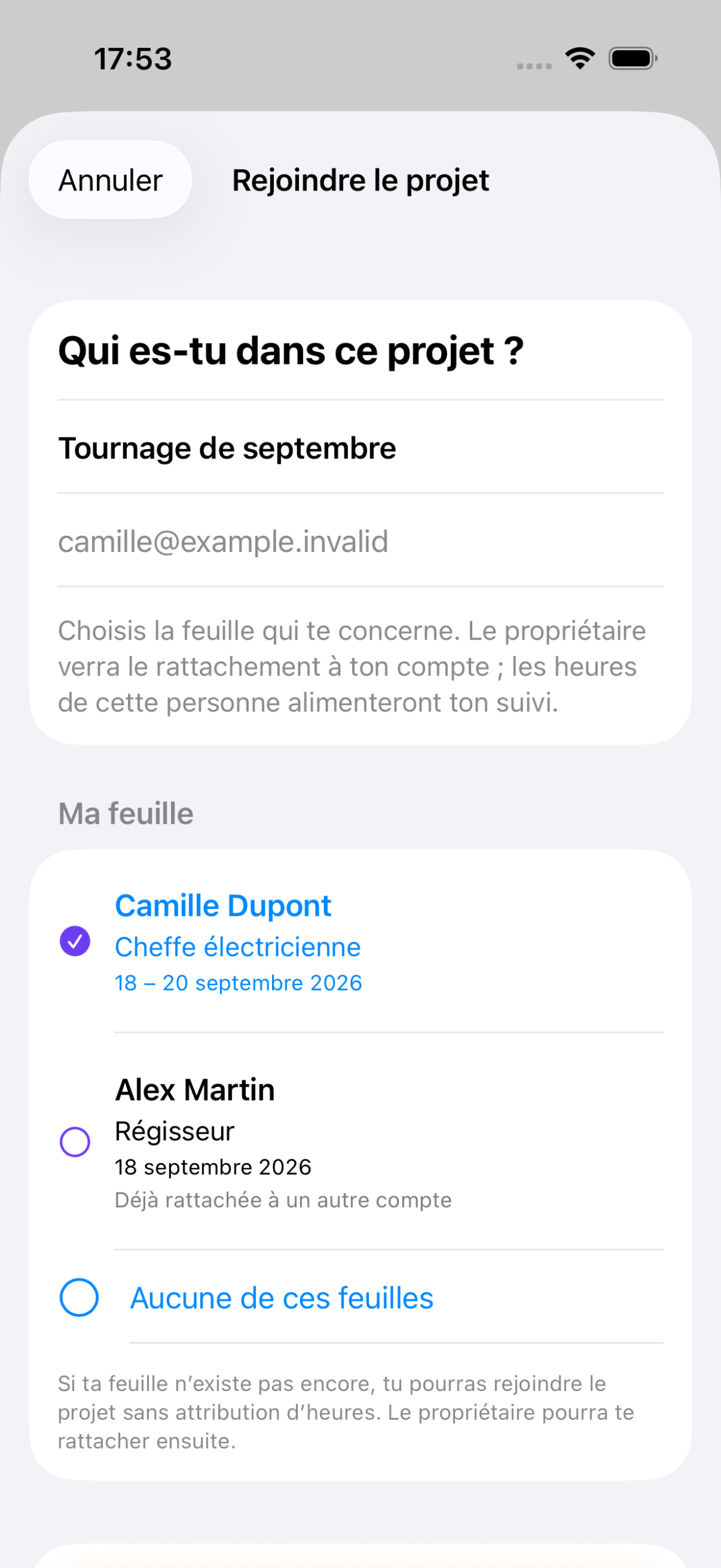 Invitation Intermittor 6 : choix de sa feuille avant de rejoindre le projet